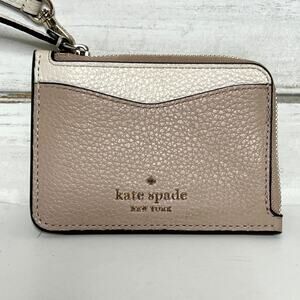 Kate Spade Pebbled Leather Card Case Wallet Zip Coin Cardholder Beige Taupe